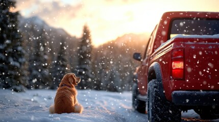 A golden dog sits calmly in a snowy field while gazing at a red truck, surrounded by snowflakes, creating a peaceful and picturesque winter scene at dusk.