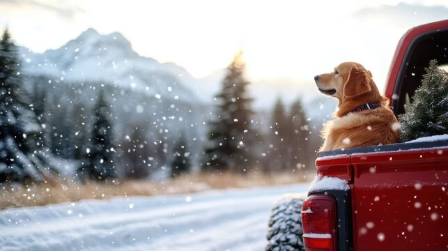 A golden retriever sits in the back of a red truck amidst gently falling snow, looking out contently at the picturesque winter landscape during a sunset.