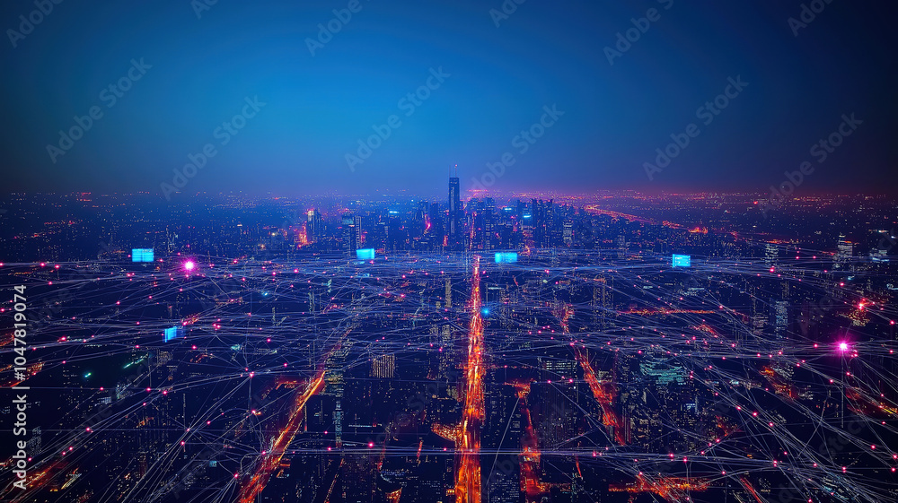 Poster elegant visualization of a smart digital city interconnected through a reciprocal network