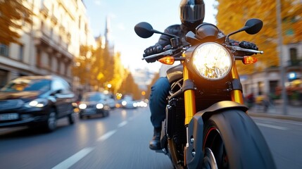A focused rider in full gear drives a motorcycle swiftly through the pulse of a bustling city street, showcasing determination and a sense of freedom in motion.