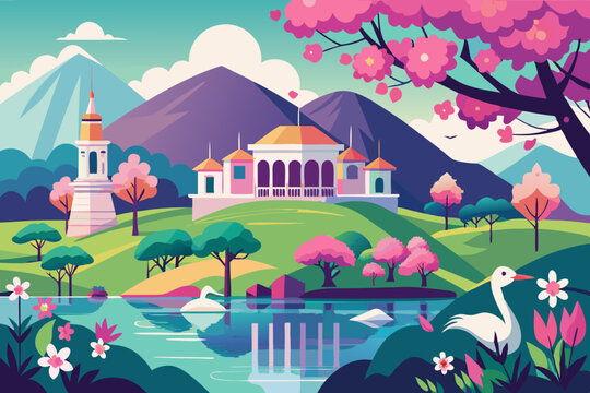  a hili area a cherubism tree in front of lake rani season some swon are playing lake beautiful building