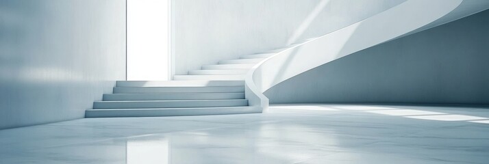 Obraz premium Modern minimalist staircase with bright sunlight streaming through the window.