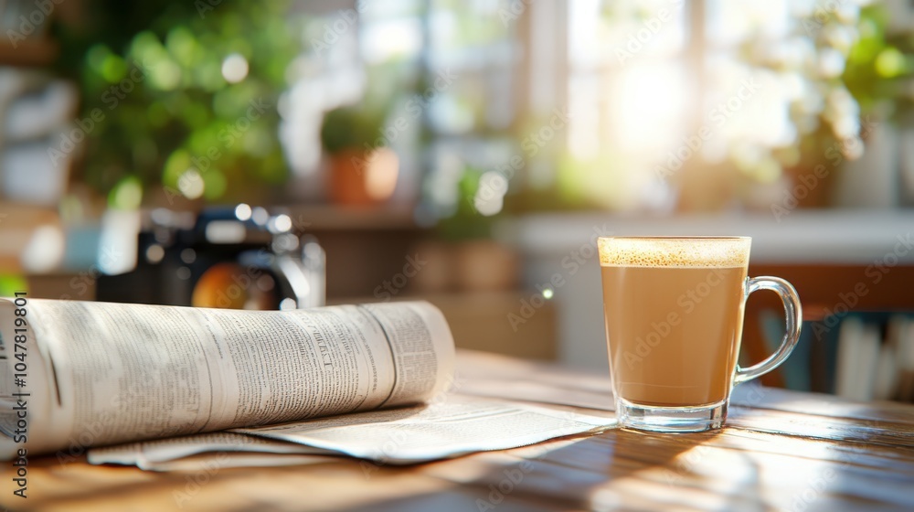 Poster a sunlit table in a cozy cafe features a steaming glass of latte and a neatly folded newspaper, crea