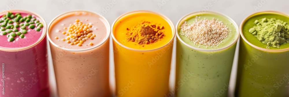 Poster a rainbow of colored smoothies each topped with a small handful of buckwheat groats representing the