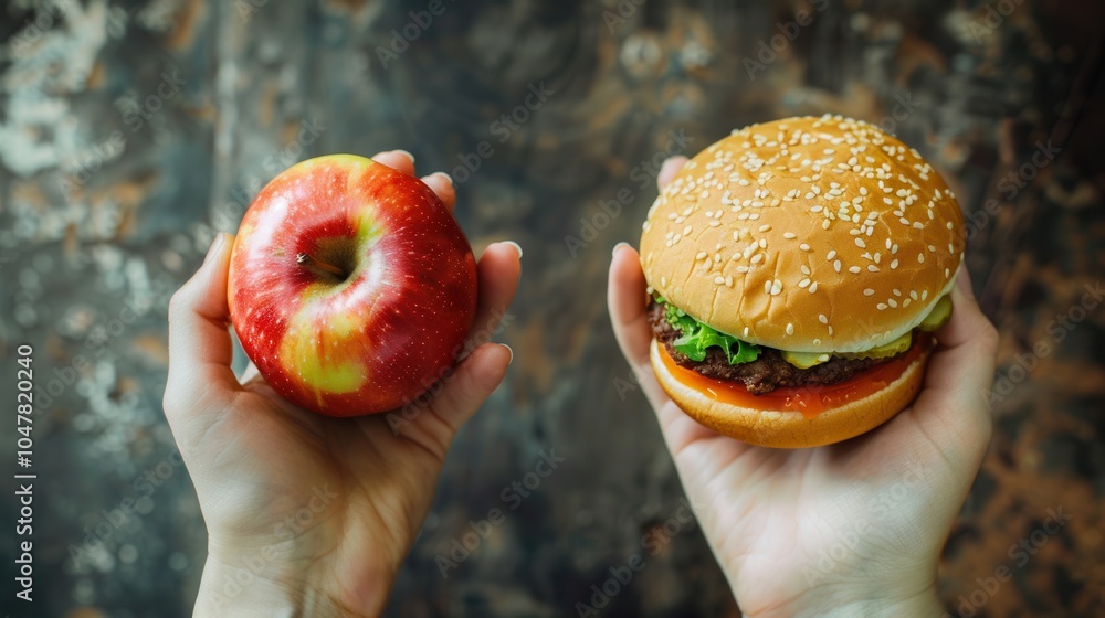 Poster one hand presents a vibrant apple, contrasting with a hamburger in the other, highlighting the diffe