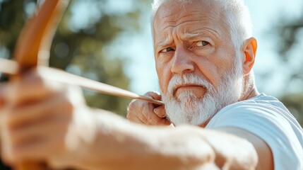 An elderly man with a white beard focuses deeply as he draws an archery bow during a sunny day, highlighting concentration and precision in a serene outdoor setting.