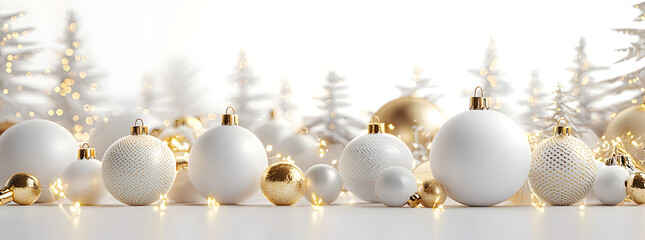 Fototapeta premium Christmas white and gold baubles and decorations. Holidays background. 3d render illustration.