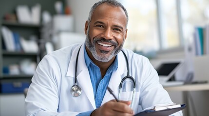 A smiling male doctor, with a grey beard and stethoscope, sits positively at a bright modern desk, symbolizing approachable and friendly healthcare services.