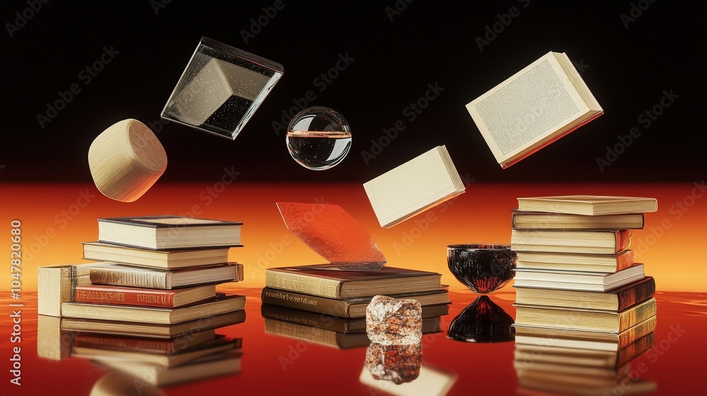 Poster artistic composition of books and objects floating