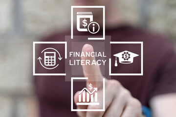 Man using virtual touch screen presses text: FINANCIAL LITERACY. Financial literacy and education...