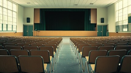 Fototapeta premium Empty auditorium with rows of chairs facing stage