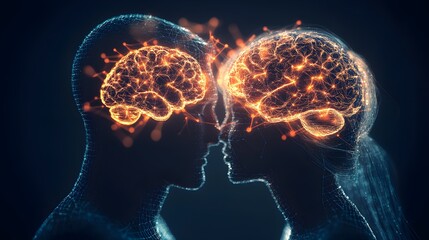 Fototapeta premium Couple's silhouette, their brains displayed as glowing circuits connecting at the center, representing intellectual love, pop art style, neon color palette, geometric shapes