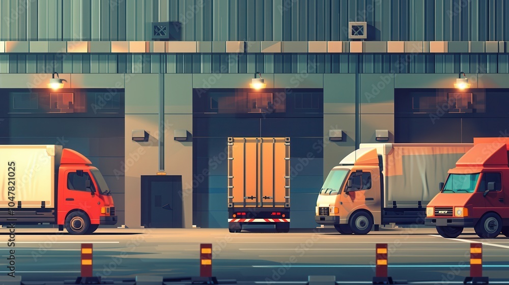 Leinwandbilder several trucks and vans wait at a warehouse loading dock, poised for efficient cargo loading in the 