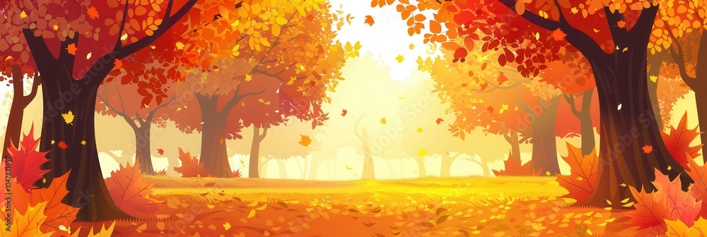 Poster the forest comes alive with brilliant autumn colors as golden leaves fall gently from the trees in a
