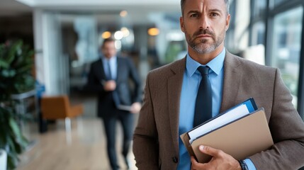 Fototapeta premium A businessman in a suit holds folders in a sleek, corporate office, conveying a sense of professionalism and readiness for business activities.