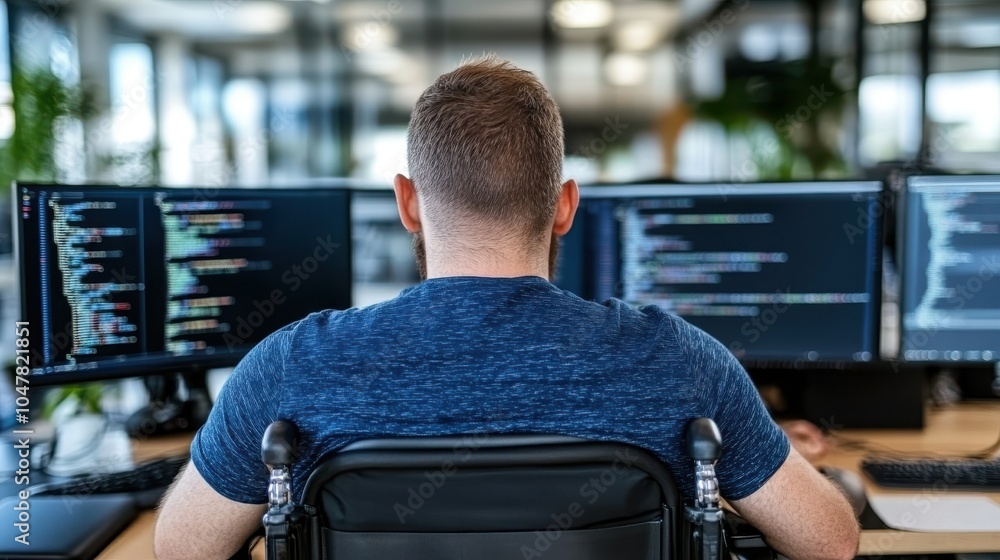 Aufkleber a focused man in a wheelchair codes on two large screens, deep in thought, in a bright office, repre