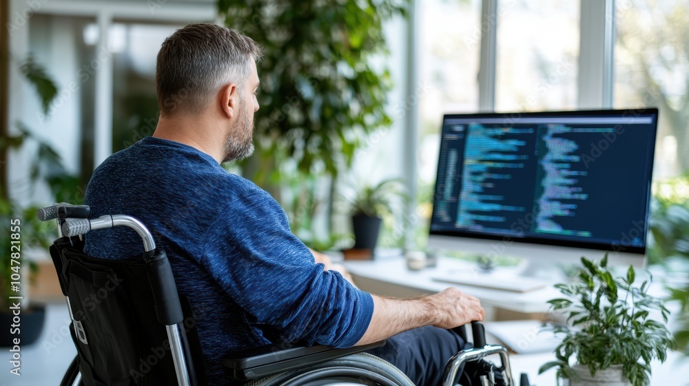Aufkleber a man in a wheelchair codes at a computer surrounded by greenery in a bright office, illustrating ad