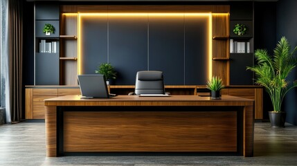 Modern office interior with sleek wooden desk