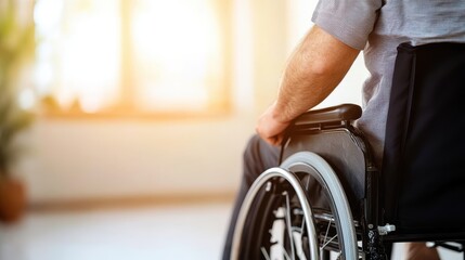 Obraz premium An individual in a wheelchair peacefully basking in sunlight near a window, symbolizing freedom, tranquility, and the embrace of everyday life experiences.