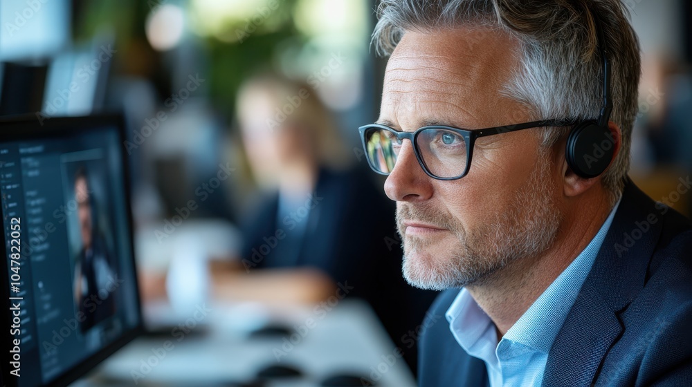 Poster a focused professional with glasses and a headset works at a computer, representing productivity, co