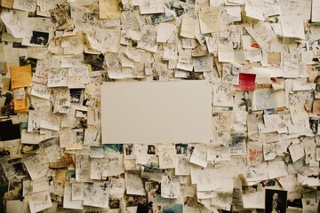 A white rectangular board on a wall covered with handwritten notes, sketches, and photographs.