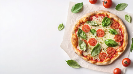 A delicious pizza topped with fresh tomatoes and basil leaves on a light background.