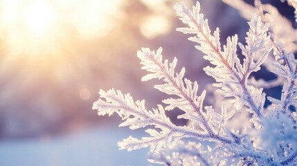 Naklejka premium Frosty Leaves with Glowing Sunrise Background