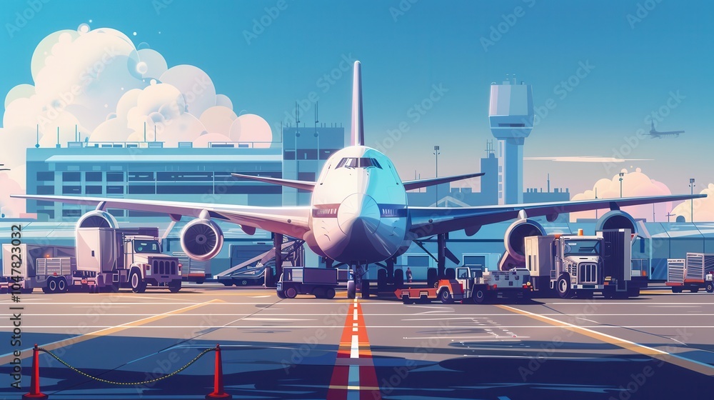 Poster a cargo airplane stands on the runway as ground crews efficiently load and unload cargo using specia
