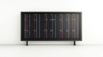 Airport display board with a list of domestic and international flights, isolated on white background