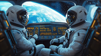 Two astronauts in space suits sit at the control panel of their spaceship