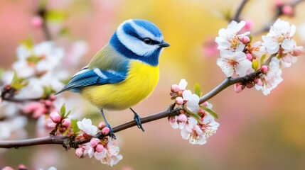 Fototapeta premium Eurasian Blue Tit Perched on Blossoming Branch
