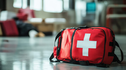A red first aid kit rests on the floor, indicating readiness for medical emergencies.