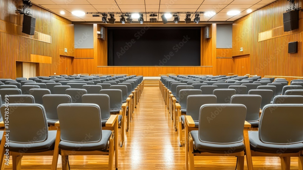 Poster empty auditorium with rows of chairs ready for event