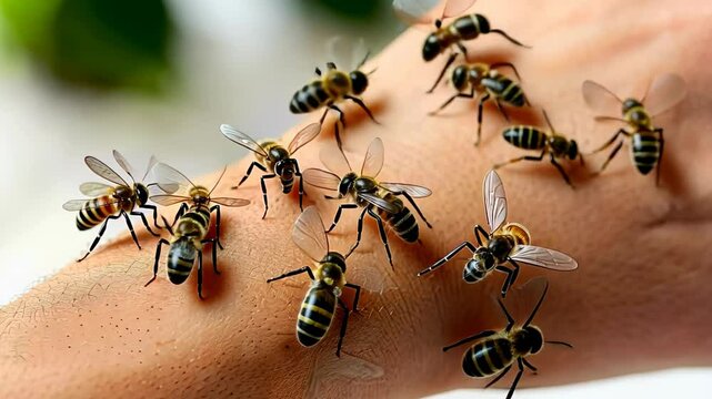 Close-up of bees on a person's hand, illustrating apitherapy concepts such as bee venom therapy and natural healing practices