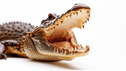 Obraz premium Full-body shot of a crocodile, mouth open wide, with razor-sharp teeth in view, isolated on a bright white backdrop, studio-like clarity