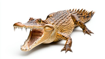 Naklejka premium Full-body shot of a crocodile, mouth open wide, with razor-sharp teeth in view, isolated on a bright white backdrop, studio-like clarity