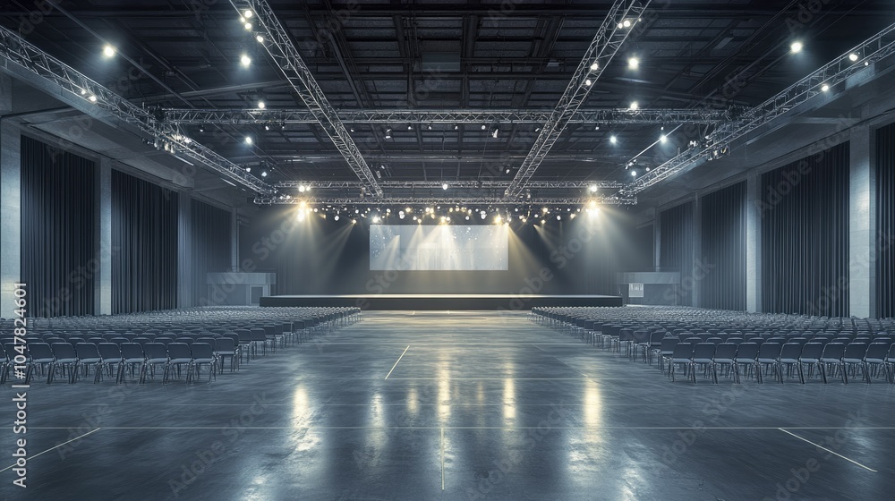Poster empty event hall with stage and spotlights ready for use