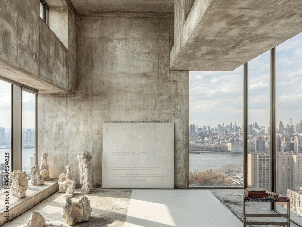 Sticker Modern minimalist studio apartment with large windows overlooking a cityscape, featuring white sculptures and blank canvas.