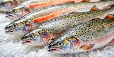Obraz premium Rainbow trout steaks on ice at fish market shelf , raw, rainbow trout, steaks, chilled, shallow ice, seafood market, open shelf