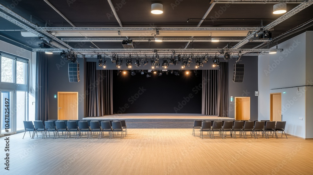 Poster modern empty stage with chairs in bright venue