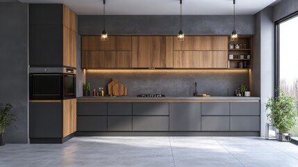 Interior of modern kitchen equipment, grey and oak cabinets. Modern kitchen. Ultra realistic. Photorealistic