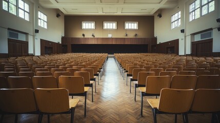 Empty auditorium with rows of wooden chairs