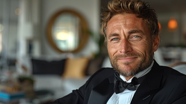 A confident man with a stylish beard and tousled hair in a tuxedo smiles warmly at the camera, situated in an elegantly furnished modern home environment.