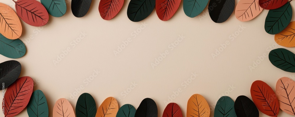 Poster colorful leaf-shaped decorations frame a blank space, creating a vibrant and artistic display suitab
