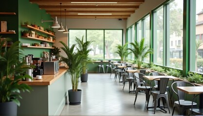 Fototapeta premium Modern cafe with green chairs, wooden tables, and plants, creating a cozy and inviting atmosphere. Generative, AI,