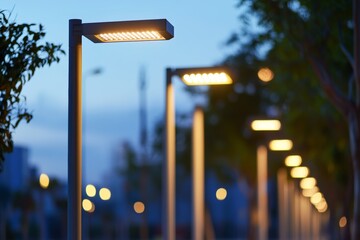 Modern LED street lighting poles illuminating an urban area during twilight hours