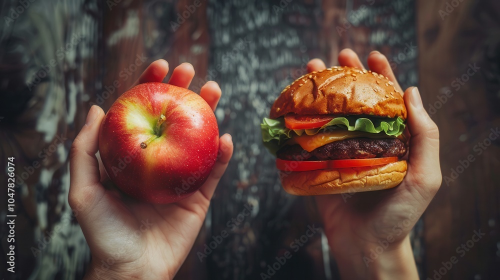 Poster one hand holds a bright red apple while the other grips a hamburger, symbolizing the choice between 
