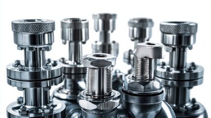 Close-up of oil refinery valves and pipe fittings, isolated on white background