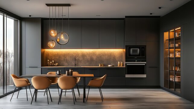 Interior of modern spacious kitchen with built in appliances and dining zone. Modern kitchen. Ultra realistic. Photorealistic