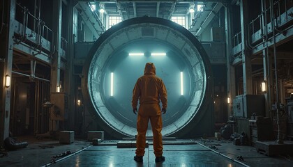 A worker in a protective suit standing in front of a large reactor chamber inside a nuclear power plant